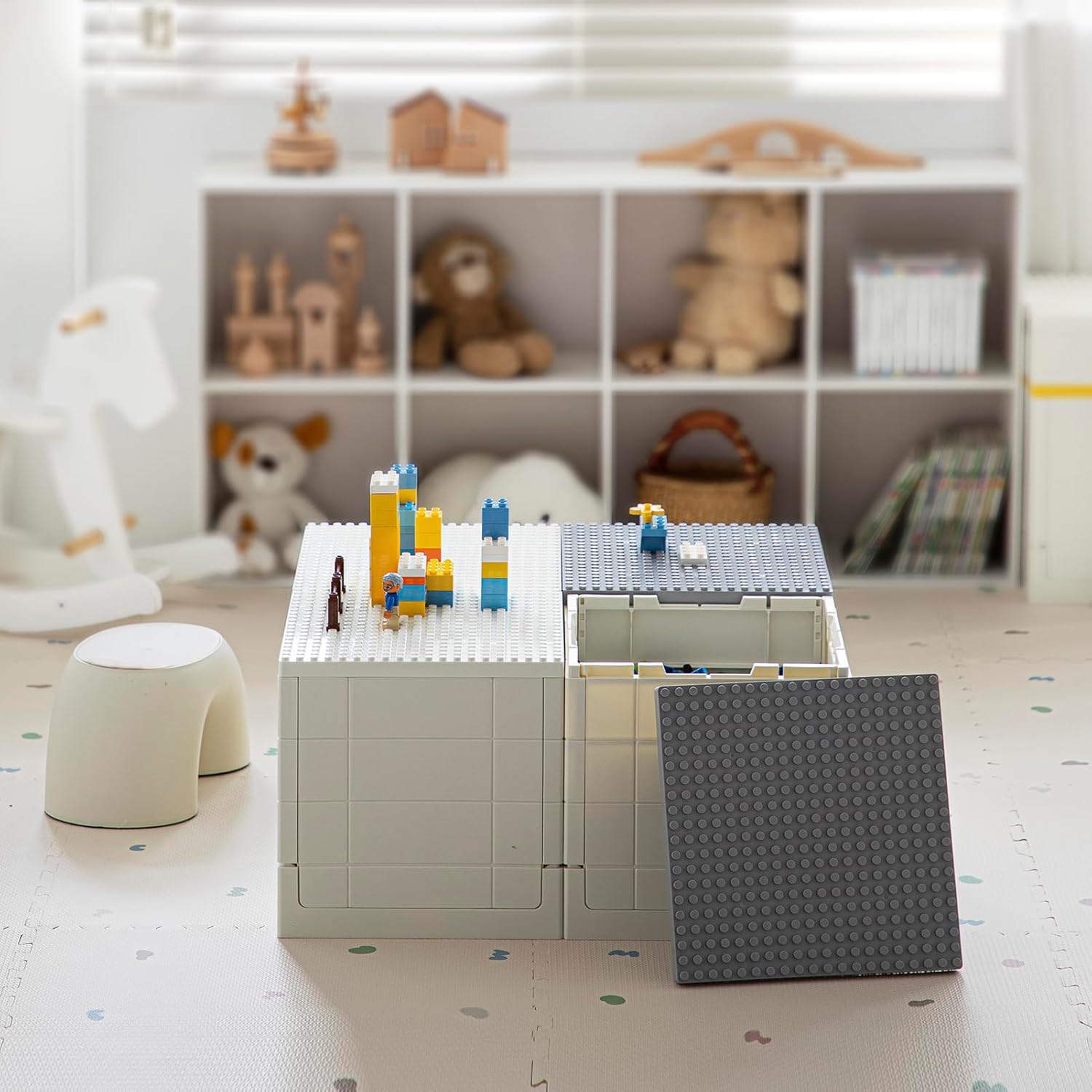 SHIMOYAMA Plastic Foldable Kid Storage Box, 25L Storage Toy Bins with Building Base for Duplo Bricks, 26Qt. Toy Chest for Duplo Blocks, White