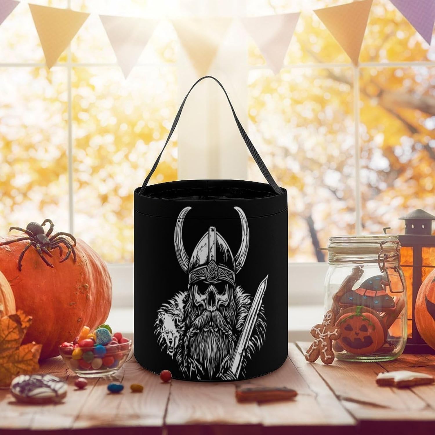 Vikings-Skull Nordic Warriores Halloween Treat Bag Reusable Candy Basket Tote Goody Bags Gift Party