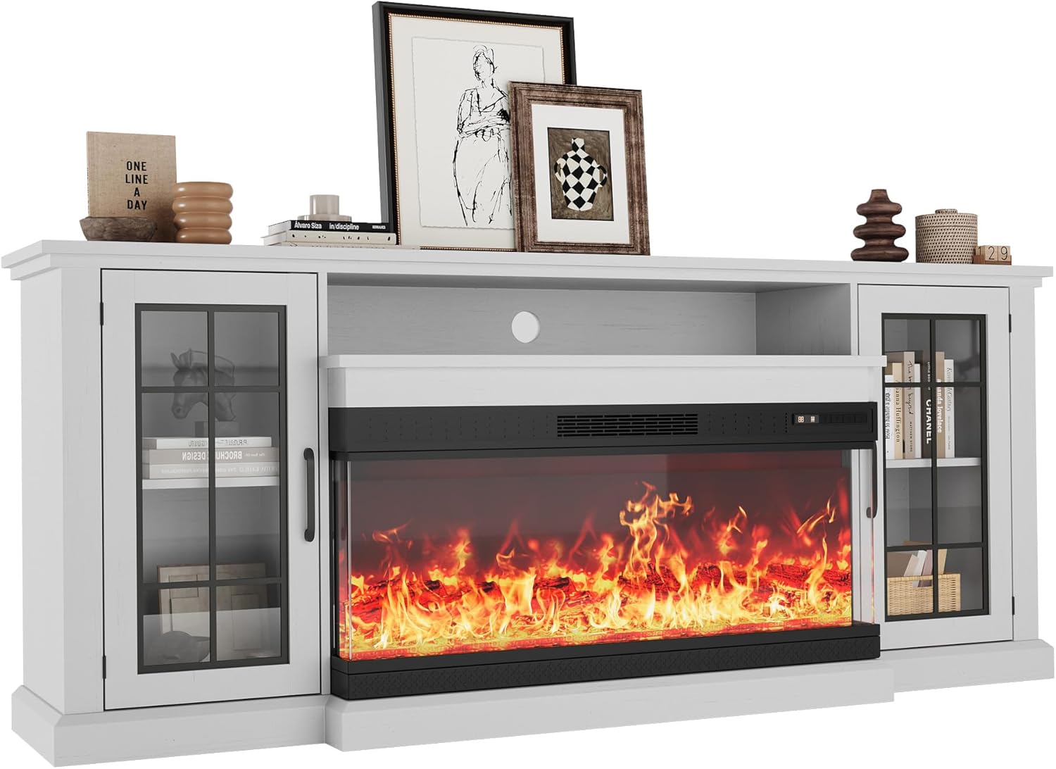 Garvee Fireplace TV Stand with 3-Sided Glass & Adjustable LED Flame,Glass Doors & Storage Shelves for TVs,Electric Fireplace Modern Entertainment Center Console Table Cabniet,for TVs up to 85",75"