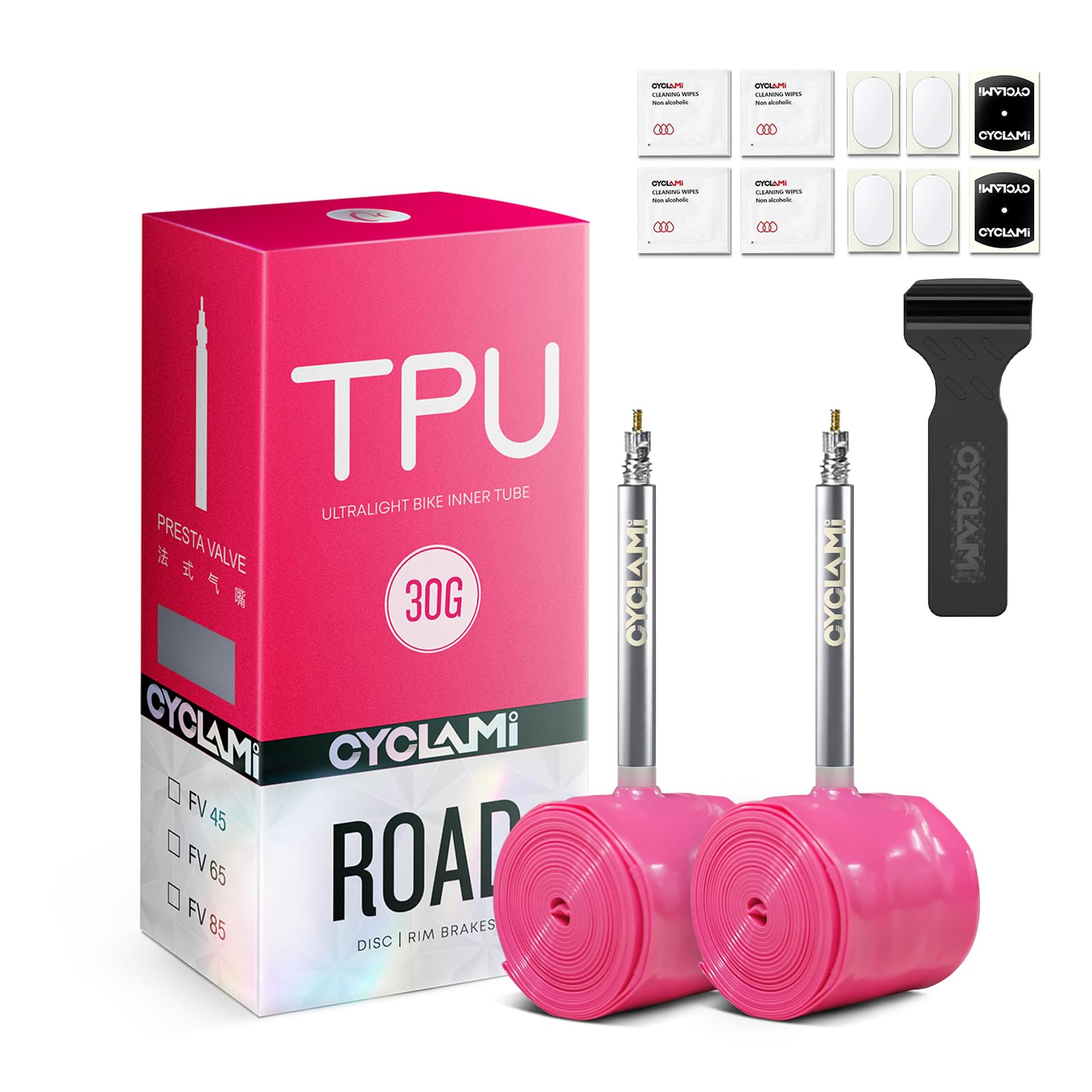CYCLAMI 2-Pack TPU Inner Tube 700C, Ultralight 30g Road Bike Tube Compatible with 700x18/23/25/28/30/32C Metal Presta Valve 45mm -TPU Road Bike Tire 28'' (with a Multi-Functional Tire Pry Bar)
