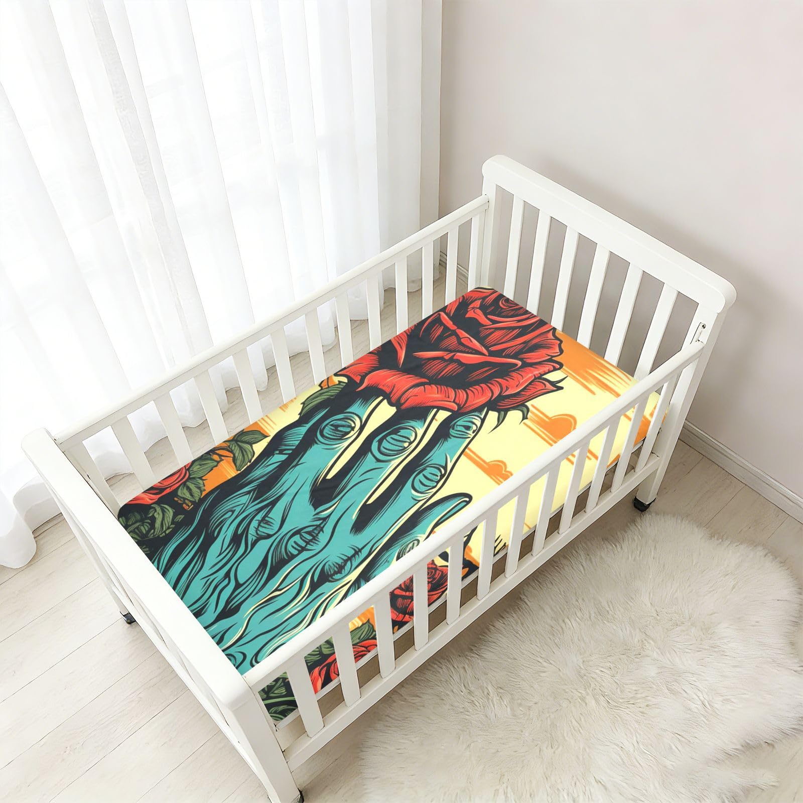 Rose Rouge Main Lune Bleue Drap Housse pour Lit BéBé en Coton Doux,Adapté au Matelas Parc