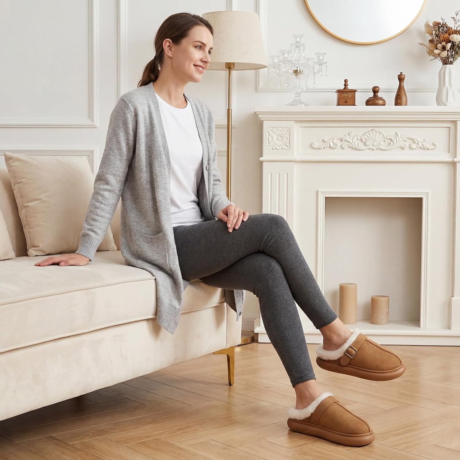 Close Toe Slip On Cotton Slippers with Breathable Faux Fur Memory Foam House Slippers for Women Warm Fuzzy Indoor Slippers with Non-Slip Rubber Sole - Image 3