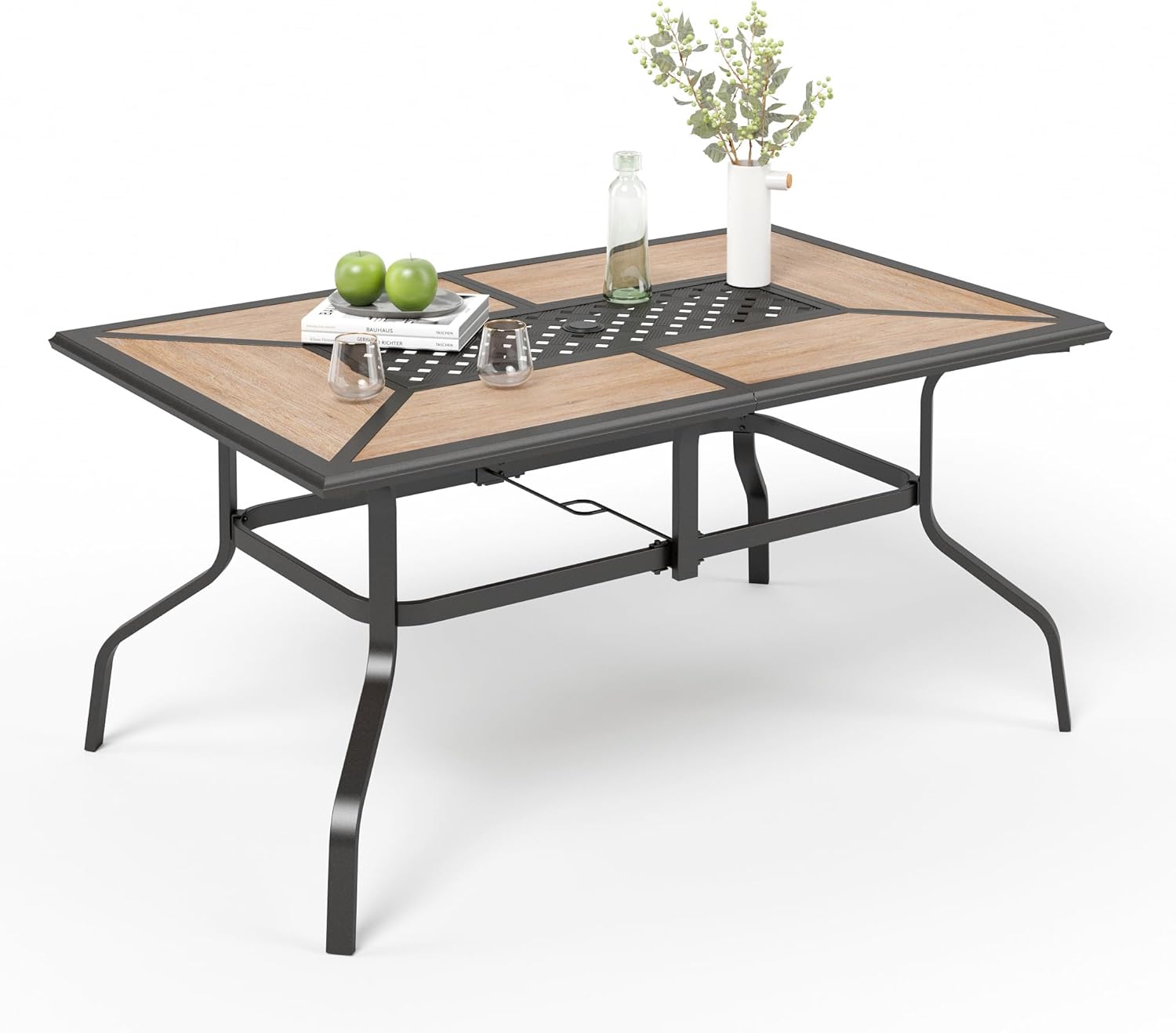 MIXPATIO Outdoor Patio Dining Table for 6, 61" x 38" Rectangular Metal Patio Dining Table with Umbrella Hole for Garden, All Weather Wrought Iron Black Outdoor Table Backyard and Porch