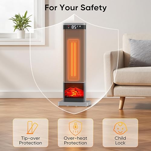 Miniatura 9 de Sweetcrispy Calentador de espacio para uso en interiores, calentador portátil de 24 pulgadas con control remoto y termostato, 3 modos de luz,