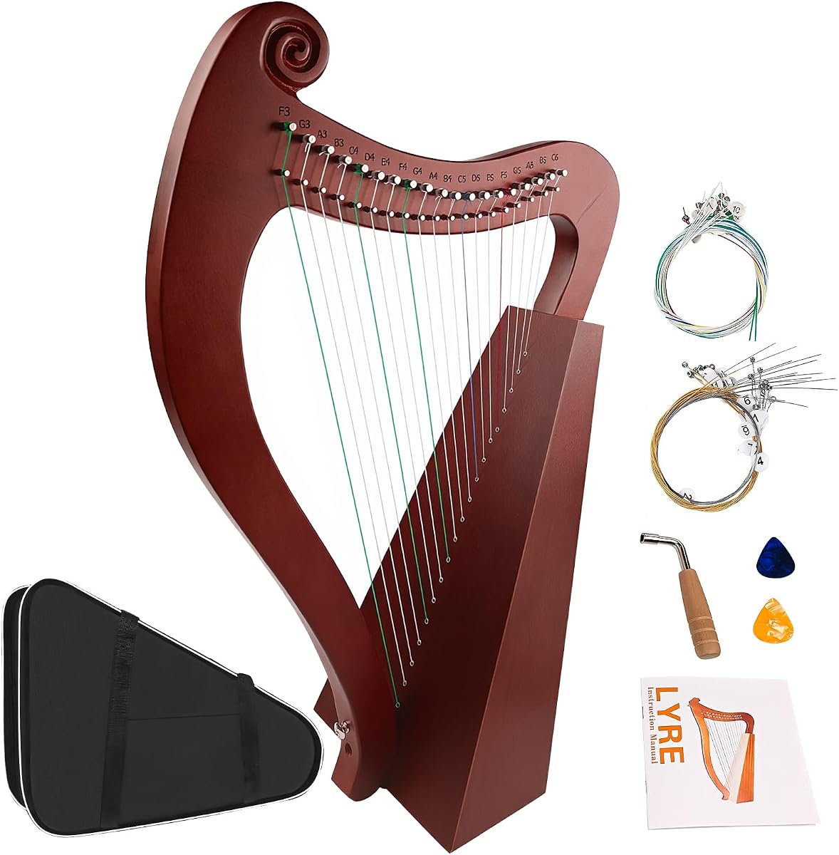 Arpa de lira, kit de arpa Zelkova Lyra de 23 pulgadas y 19 cuerdas para adultos | Instrumentos musicales de cuerda con llave de afinación, bolsa de transporte, instrucciones, cuerdas adicionales, regalo ideal para amantes de la música, principiantes