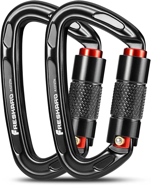 FresKaro CE and UIAA Certified Climbing Carabiners, 25kN/2550kg, Twist Lock, Suit for Rock Climbing, Rappelling, Camping, Dog Leash, Hammock, Swing, Yoga etc, D Shaped, Large Size, Black and Spacegray