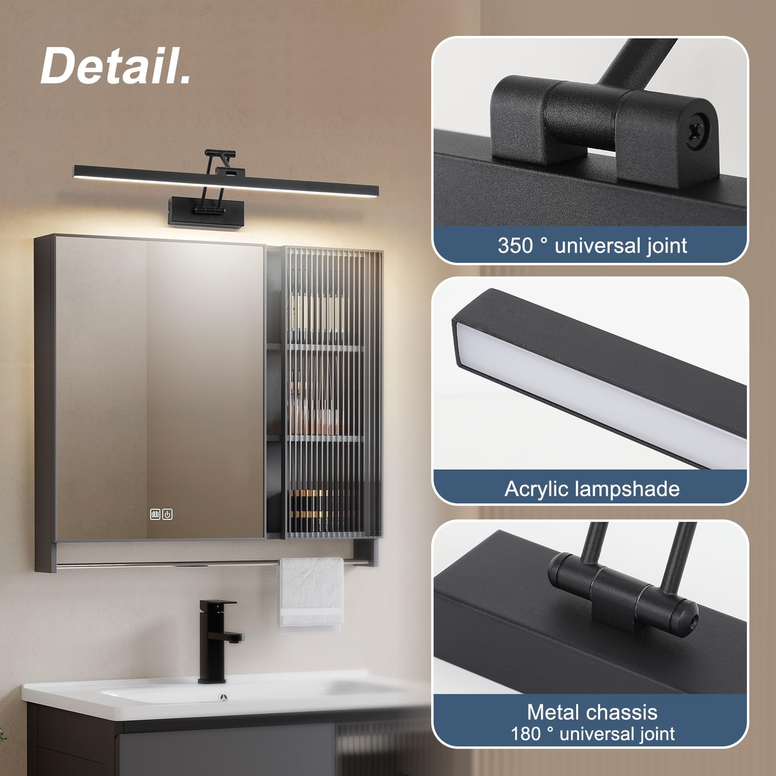 LED Spiegel Lampe Badezimmer 60 cm, Rotation Lampen IP44, Spiegel Licht 18 W 1440LM, LED Badezimmer Lichter, Neutral Weiß 4000K, Schwarz