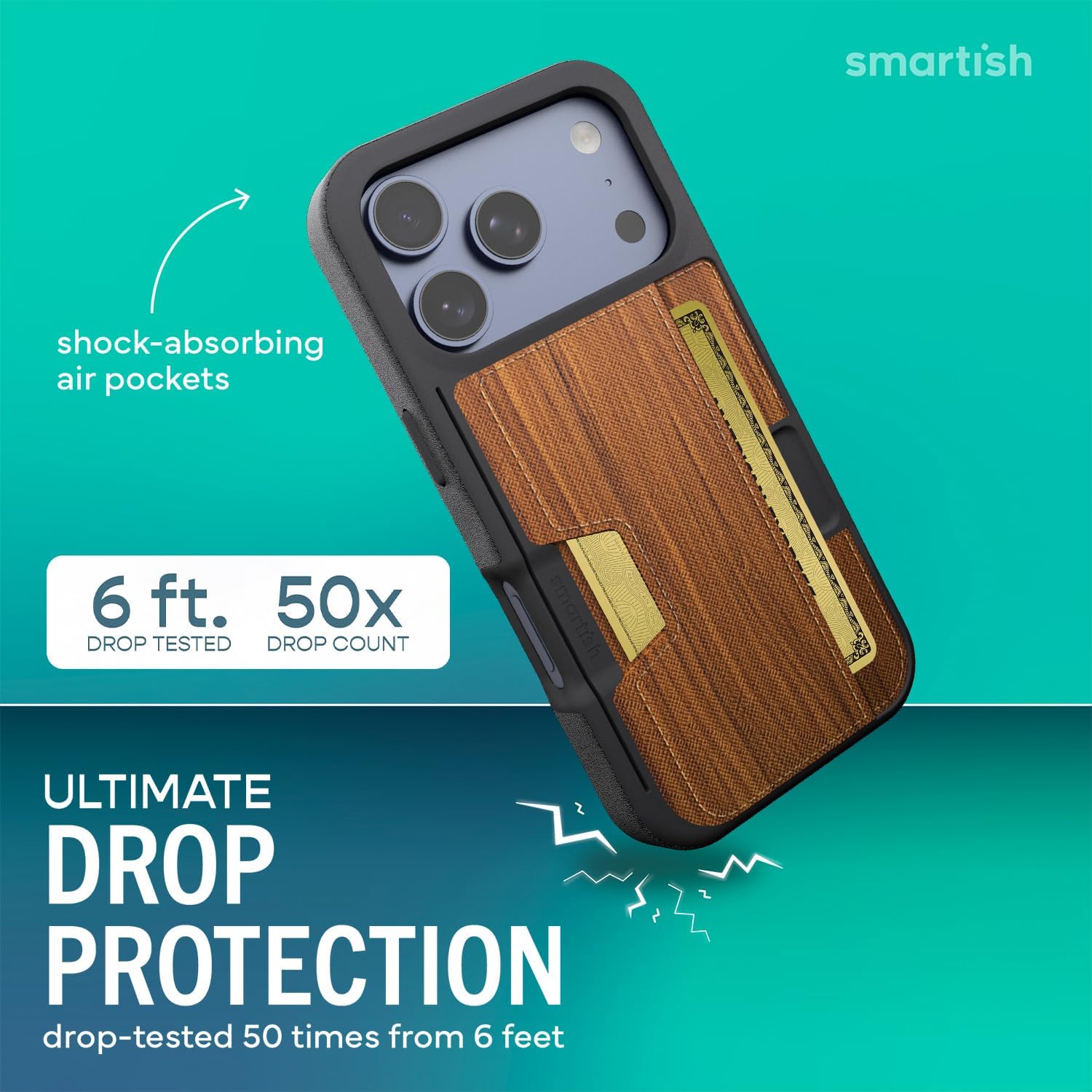 Smartish® iphone17 Pro Wallet Case - Wallet Slayer Vol. 2 [Slim + Protective] Credit Card Holder w/Kickstand - Drop Tested Hidden Card Slot Cover for Apple iphone17 Pro - Walnut Woods