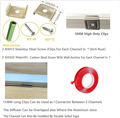 Miniatura 3 de THMOOTHER Difusor de canal en U de tira LED, paquete de 6 unidades de 1 pie, 0.669 x 0.295 in montado en superficie de aluminio con resistencia a