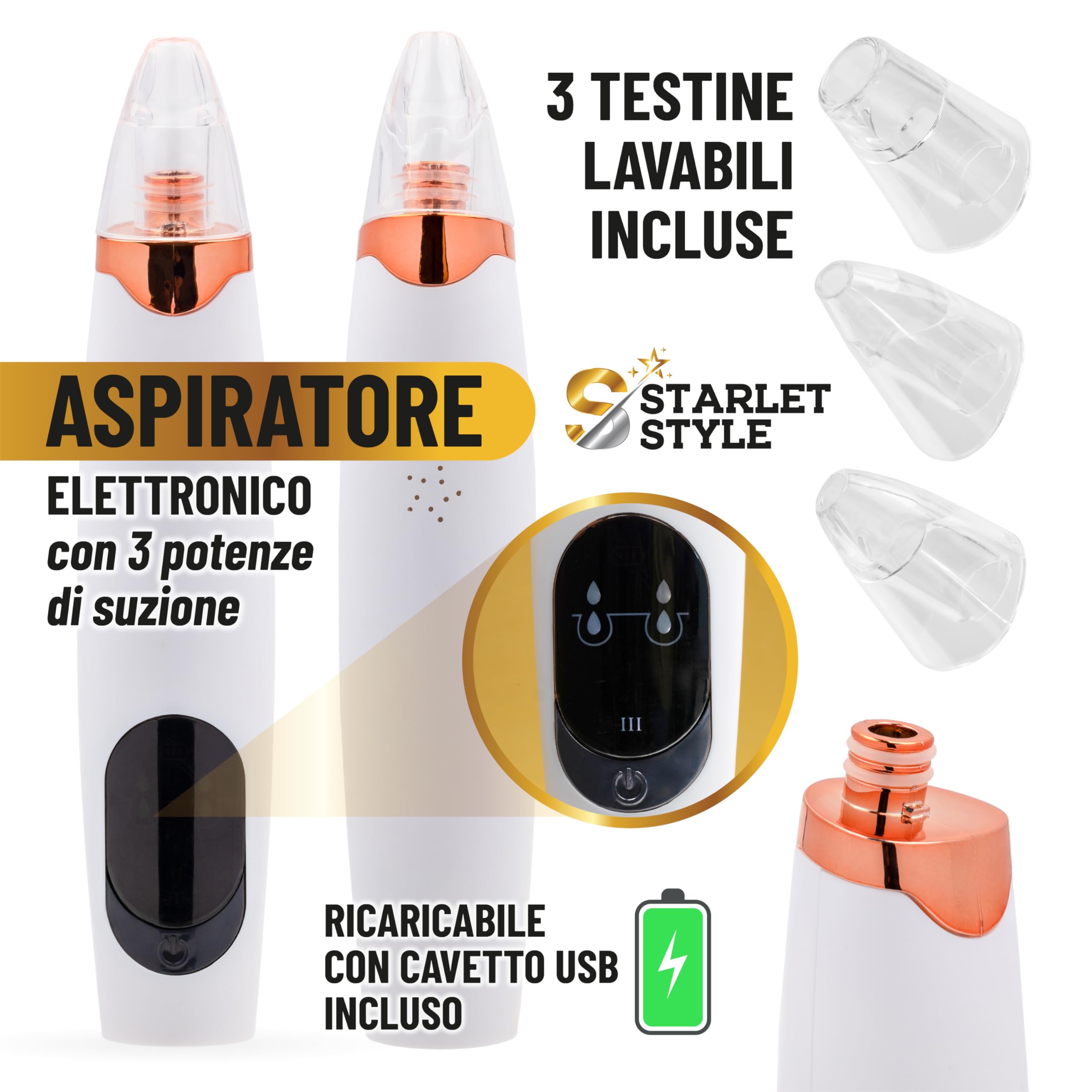 Aspiratore Punti Neri Professionale, Blackhead Remover con 5 Testine, Pulizia Viso Profonda, Rimozione Punti Neri Naso e Porri Dilatati, Kit Pulizia Elettrico USB