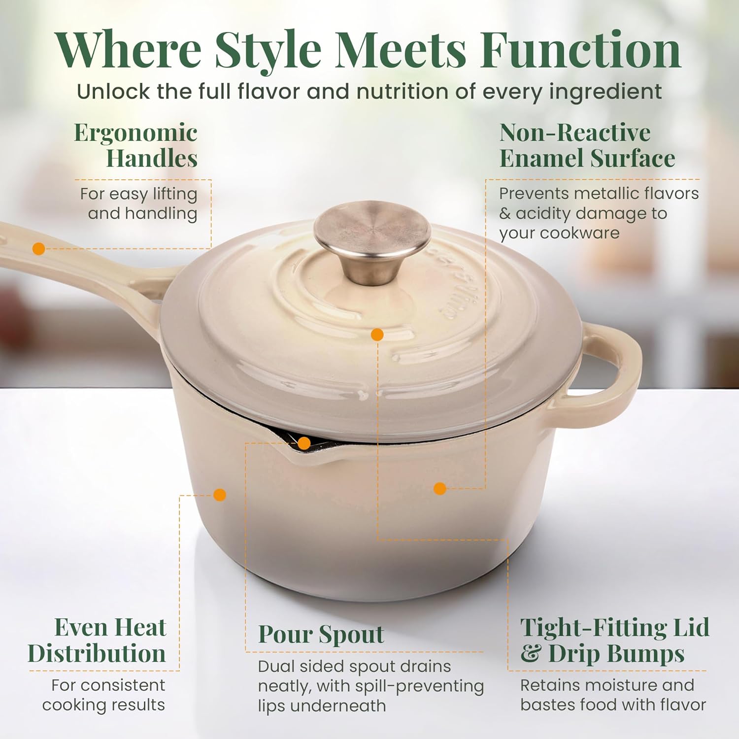 Larder & Vine Enameled Cast Iron Saucepan | 2.2 qt Sauce Pan with Lid | Saucepan with Pour Spouts | Enameled Cast Iron Pot Compatible on All Cooktops & Oven Safe to 500° F | Stone