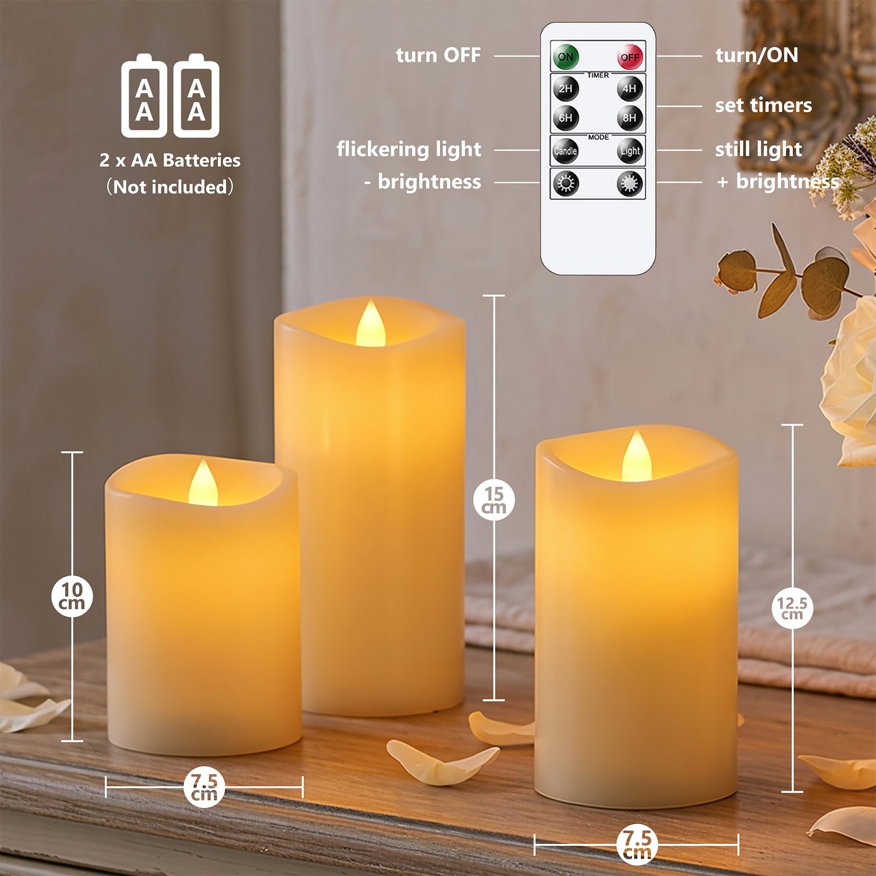 Candele LED con temporizzazione sfarfallante e stoppino mobile in vera cera, Telecomando senza fiamma Confezione da 3 batterie elettriche Avorio 7,5 cm x 10 12,5 15 cm
