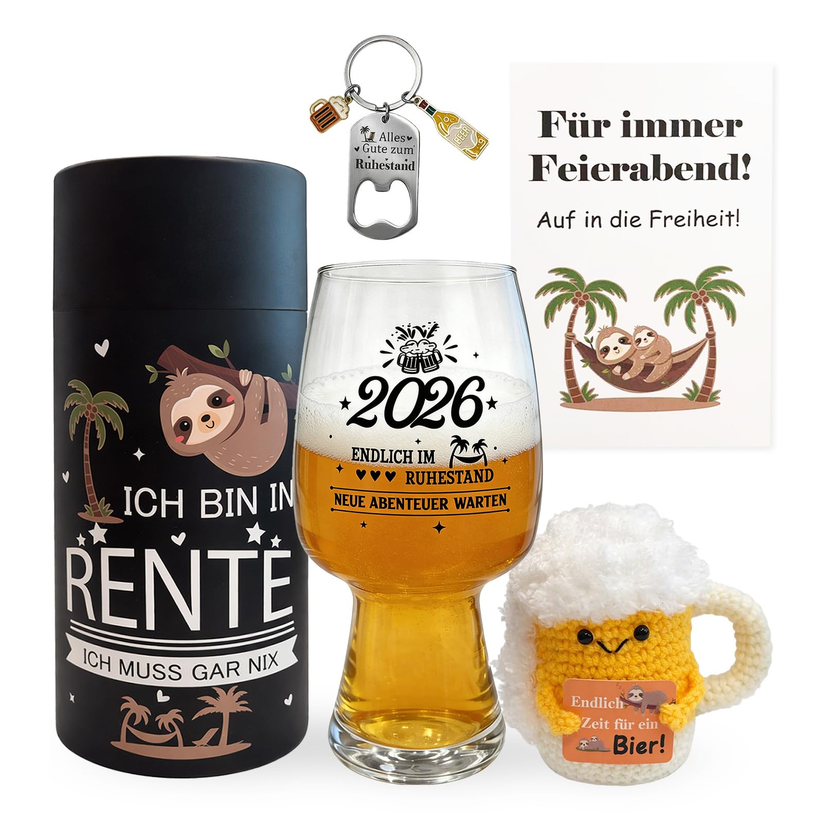2026 Bierglas Ruhestand Geschenke Mann, Biergläser Set mit Karte Schlüsselanhänger Gestricktes Bierglas für Frauen und Männer, Renteneintritt Geschenk Männer, Rentner Geschenk Mann, Geschenke Rente