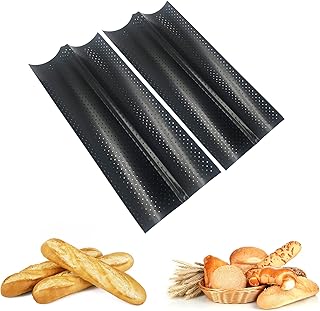 VUXYMCY Moule à Baguette perforé antiadhésif 14,88"x 6.38" pour la Cuisson du Pain français 2 Pains de Vague Moule de Cuisson au Four Moule à Pain (Pack of 2) (noir)