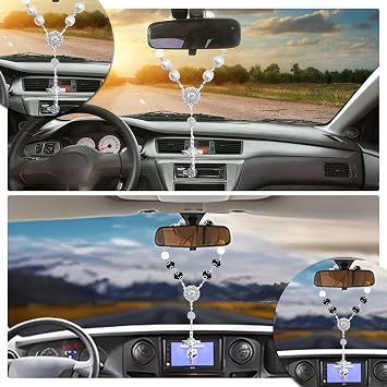 2 Pieces Car Mirror Hanging Accessories,Car Rosary with Cross Blessing Rosary, Beads Catholic for Woman Men Personalized Rearview Mirror Auto Rosary Hanging Accessories Interior Decors (Black)