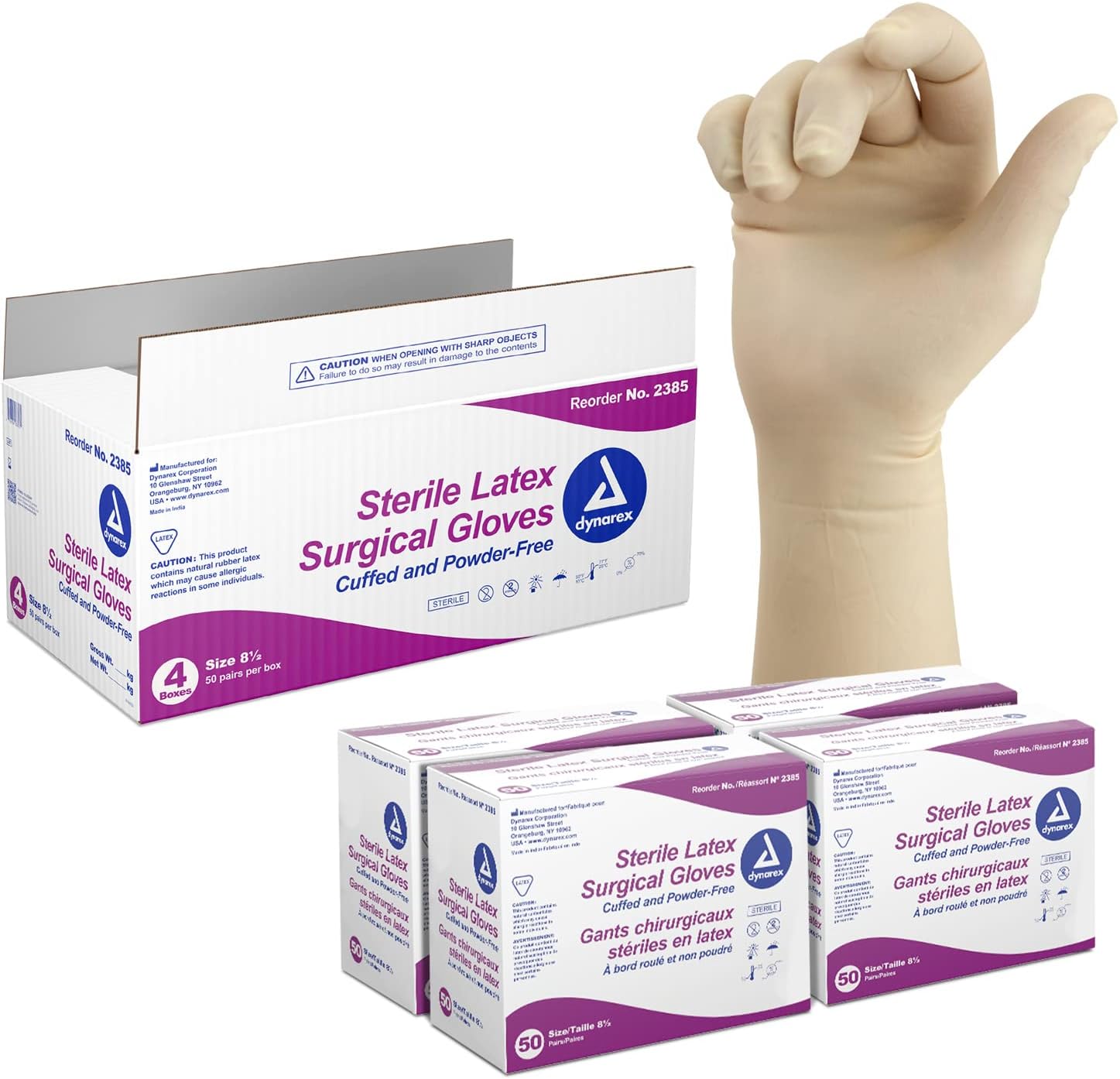 Dynarex Sterile Disposable Latex Surgical Gloves, Powder-Free, Sterilely Packaged in Pairs, Professional Medical and Healthcare Use, Veterinary Clinic, Bisque, Size 8.5, 1 Case of 200 Pairs of Gloves