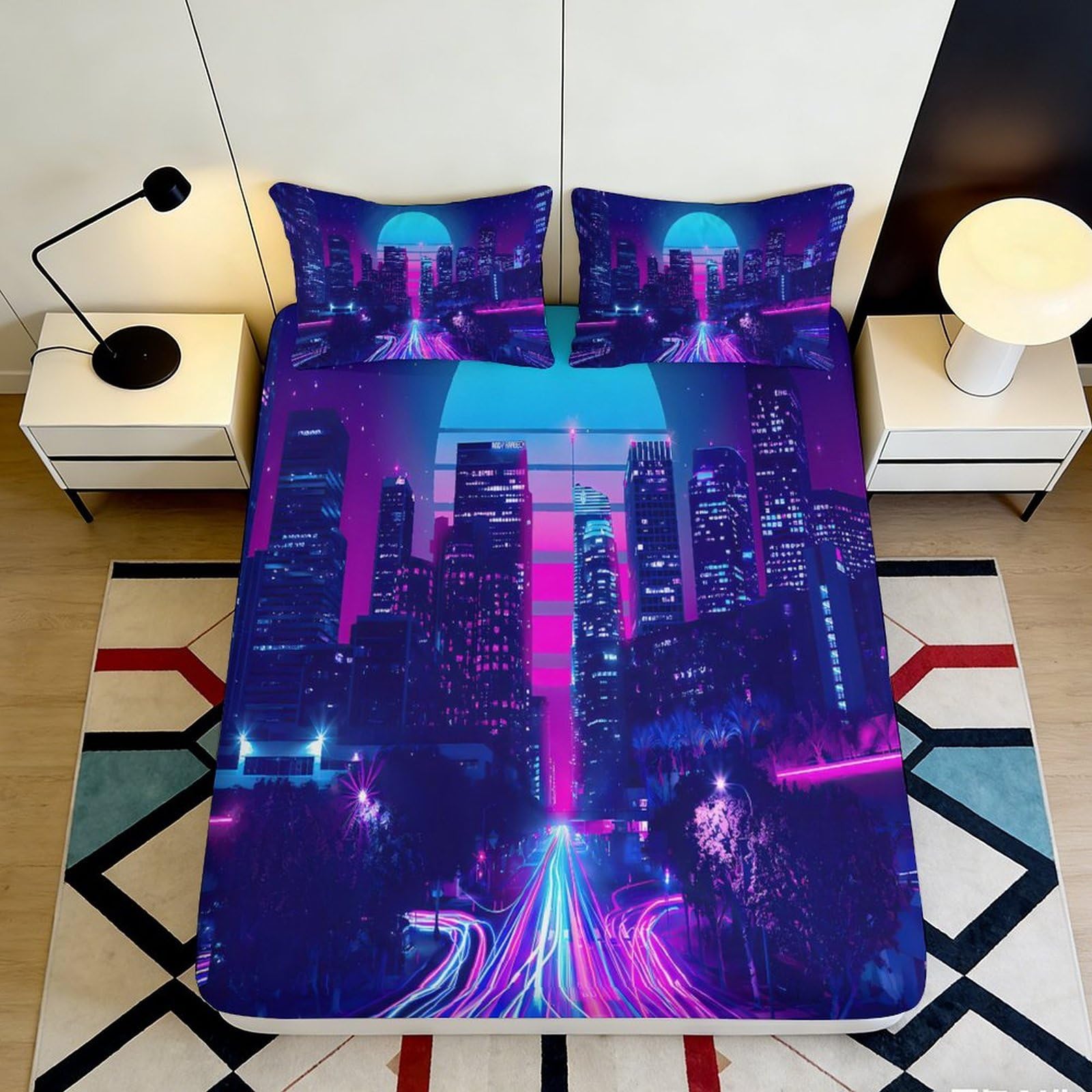 3D Printed Neon Cityscape Fitted Sheet Microfiber Soft Breathable Futuristic Skyline Bed Cover for Bedroom Dorm Decor 90x200x25cm