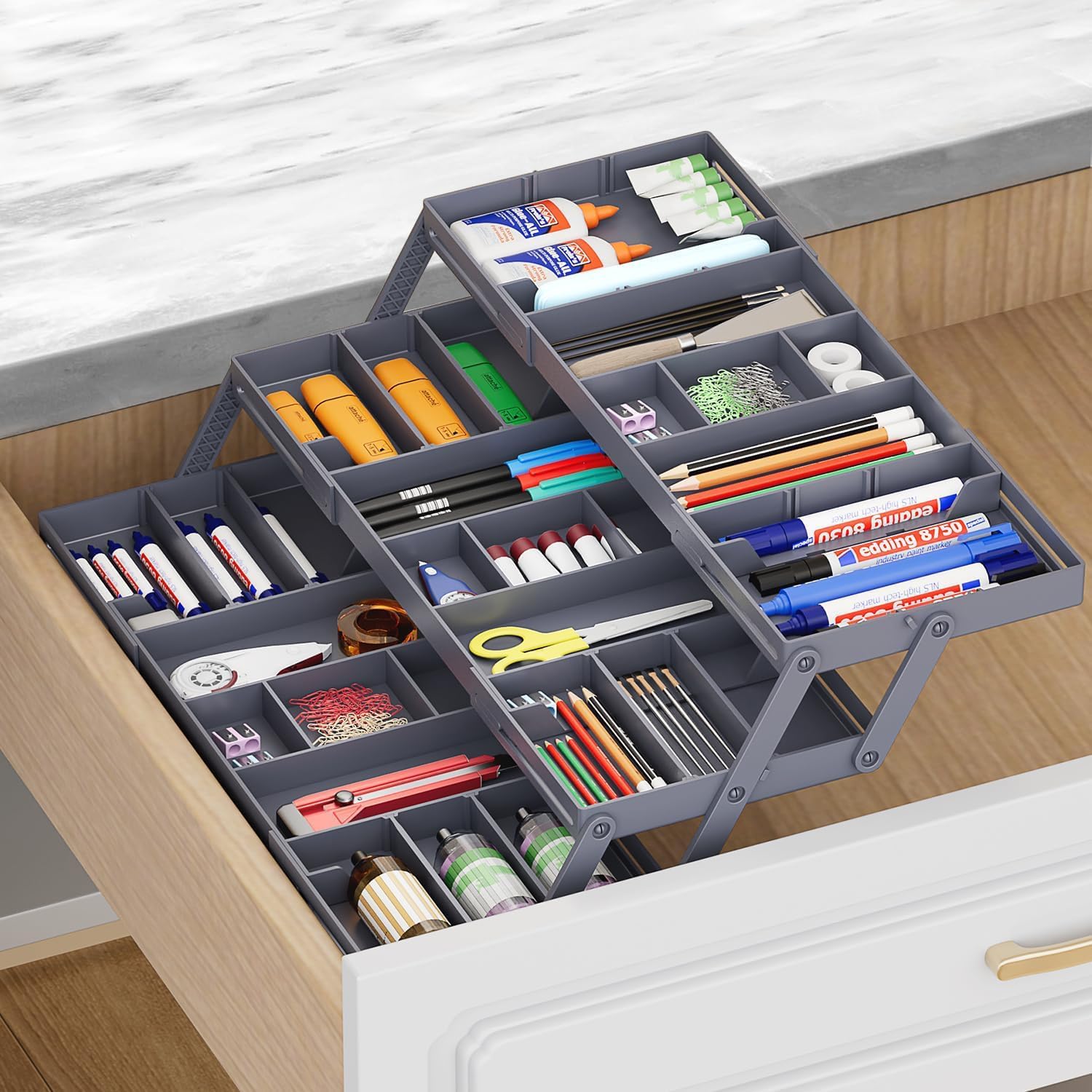 Angju Multi Level Smart Drawer Organizer – 3 Tier Expandable Drawer Organizer – Jewelry, Junk, Makeup, Silverware Storage Organizer – Perfect for Kitchen, Desk, Medicine Cabinet & More