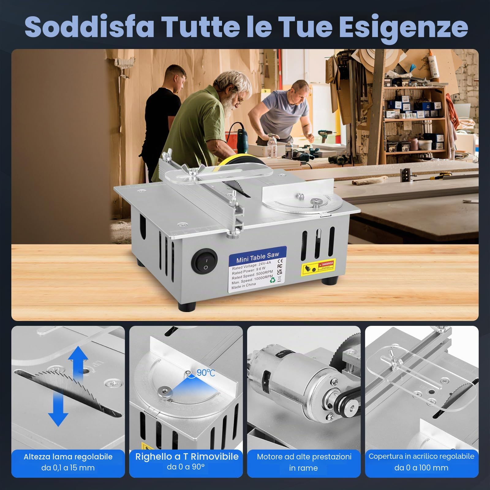 Mini sega circolare da tavolo con disco per lucidatura e 4 lame, mini sega circolare con alimentatore di rete a 7 marce, lama per sega regolabile da 0,1 a 15 mm, sega circolare portatile piccola per
