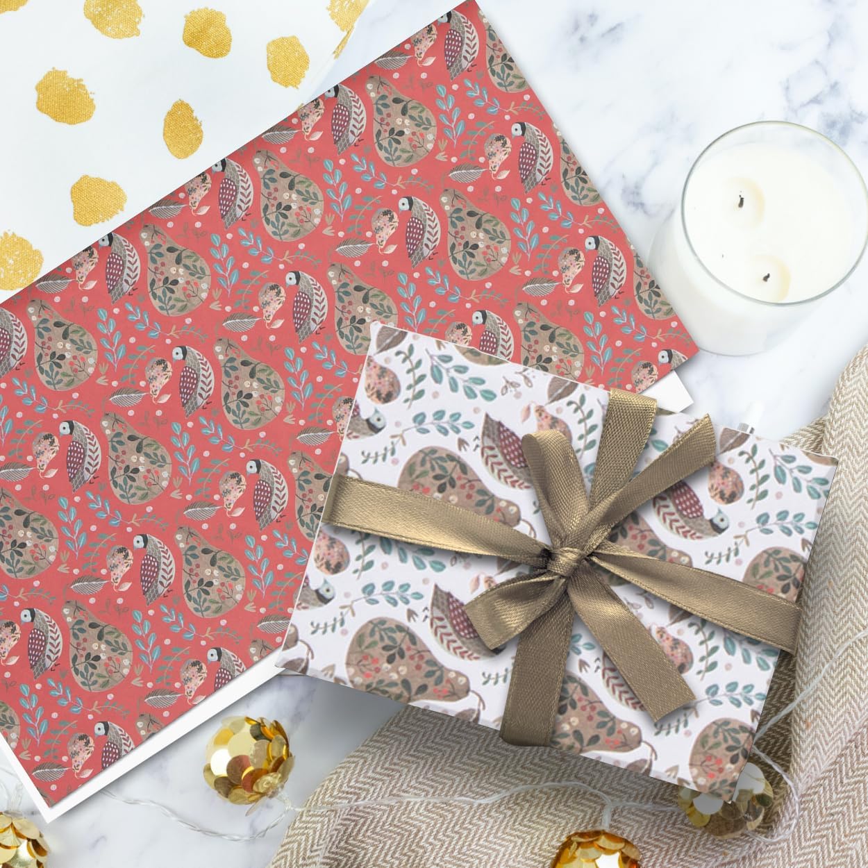 Glick Luxury Christmas Folded Wrap (3 Sheets) Partridge in a Pear Tree Christmas Wrapping Paper, Red & Gold