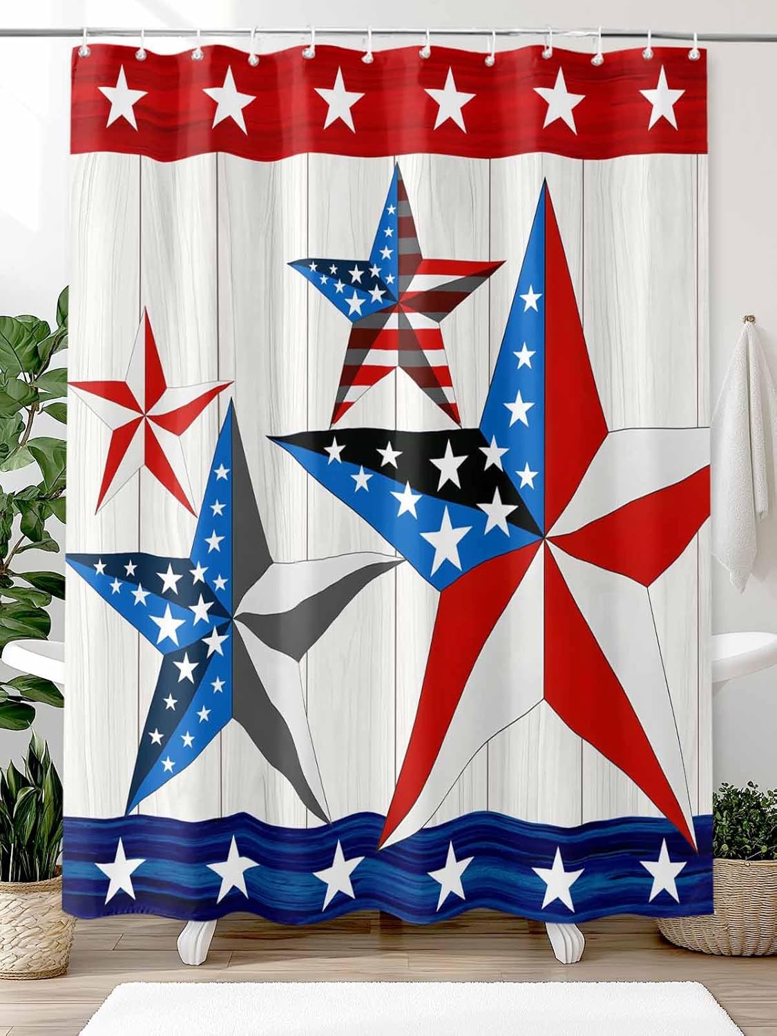 Shower Curtain for Bathroom Sets American Flag Star on Wood Board Home Decoration Durable Fabric Machine Washable Curtains with Hooks, Memorial Day