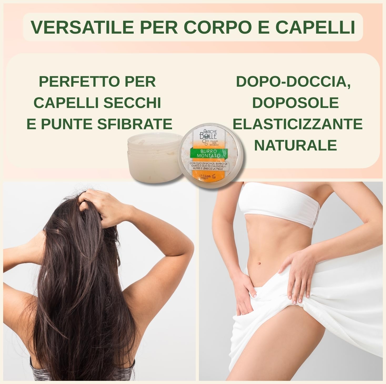 Antiche Bolle – Burro Corpo Naturale al Monoi e Burro di Karitè - Body Butter Idratante e Profumato ad Azione Lenitiva, Ideale per Pelle Secca -100 Gr
