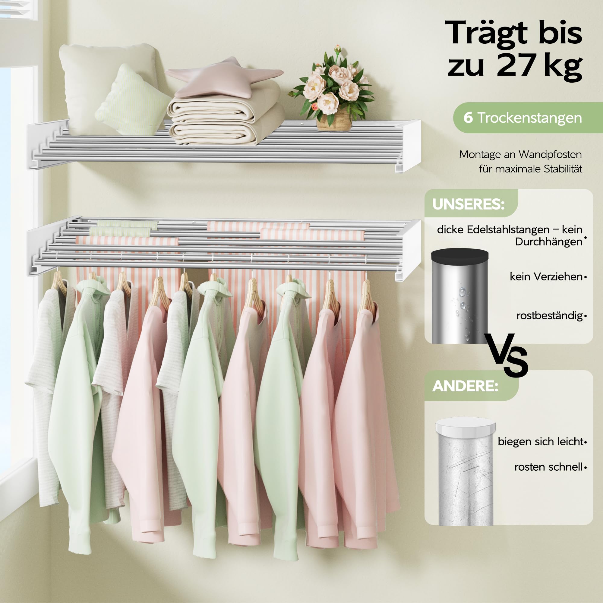 Vikaqi Wäscheständer zur Wandmontage, 101,6 cm, faltbar, Wandhalterung, Wäscheständer, zusammenklappbar, versteckter Platzsparer mit Wandschablone, 6 Stangen, Weiß
