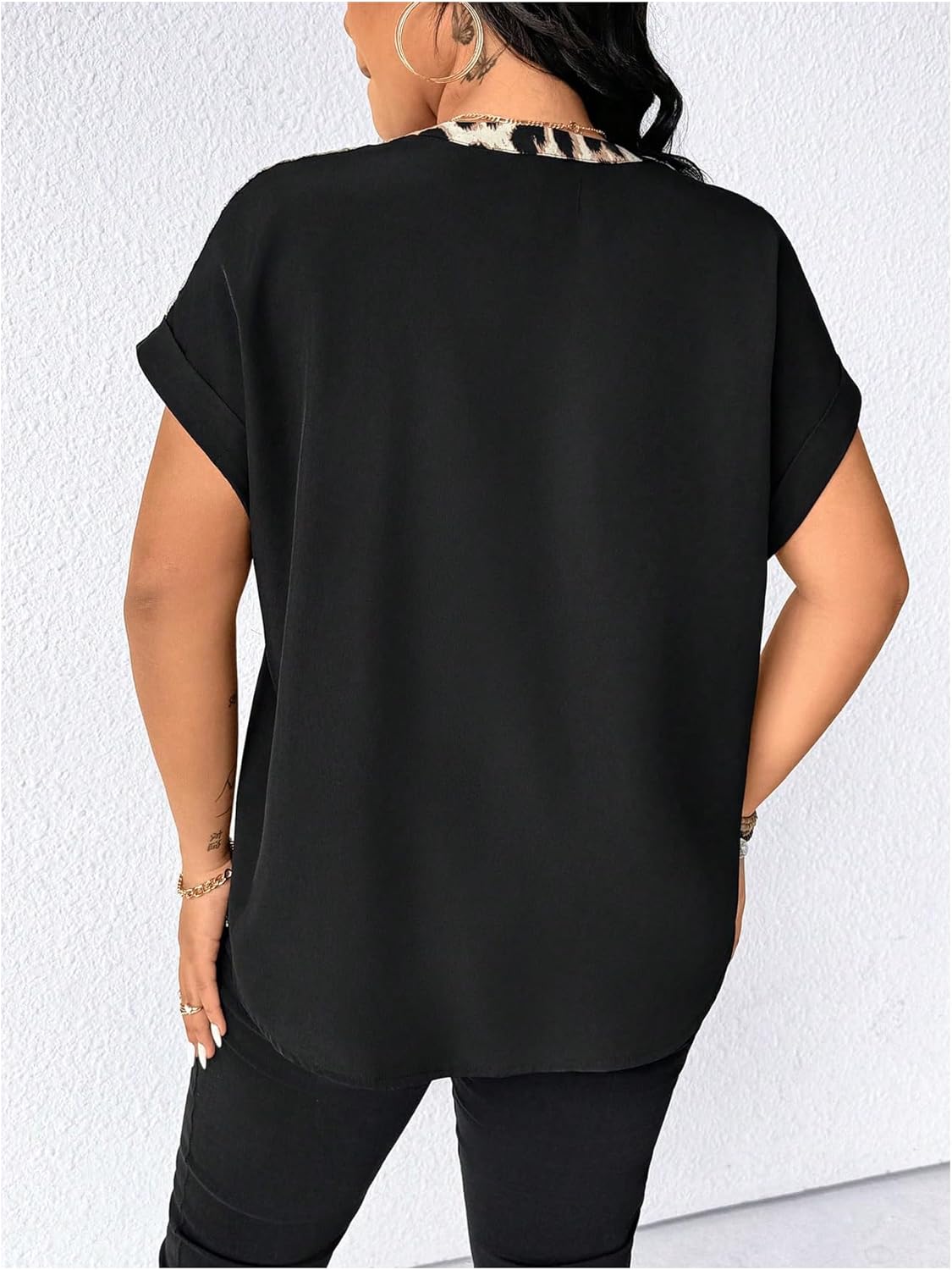 GORGLITTER Women's Plus Size Sequin Leopard Top Blouse Color Block Notch V Neck Short Sleeve Tunic Shirts Party - Image 2