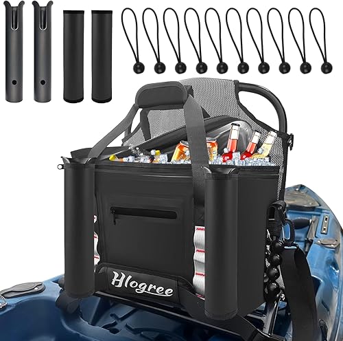 Hlogree Bolsa enfriadora de kayak, enfriador de kayak con soporte para caña, enfriador suave para kayak detrás del asiento para sentarse en kayak,