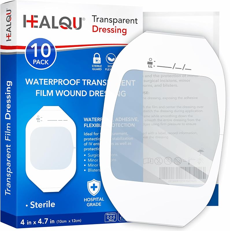 Transparent Film Dressing 4" x 4.75" (10 Pack) - Waterproof Adhesive Wound Bandages for Post-Surgical Shower, IV Shield, Tattoo Aftercare, Clear Breathable Dressing Patches by HEALQU