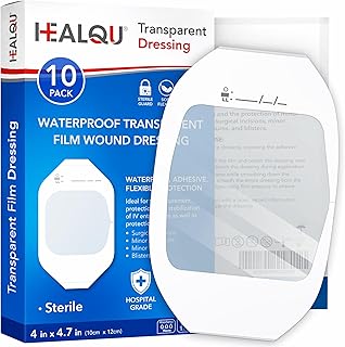Transparent Film Dressing 4" x 4.75" (10 Pack) - Waterproof Adhesive Wound Bandages for Post-Surgical Shower, IV Shield, T...