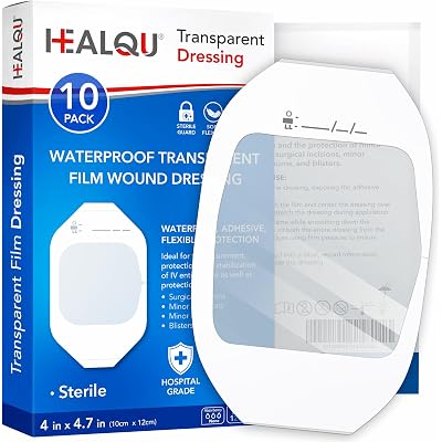 Transparent Film Dressing 4" x 4.75" (10 Pack) - Waterproof Adhesive Wound Bandages for Post-Surgical Shower, IV Shield, Tattoo Aftercare, Clear Breathable Dressing Patches by HEALQU