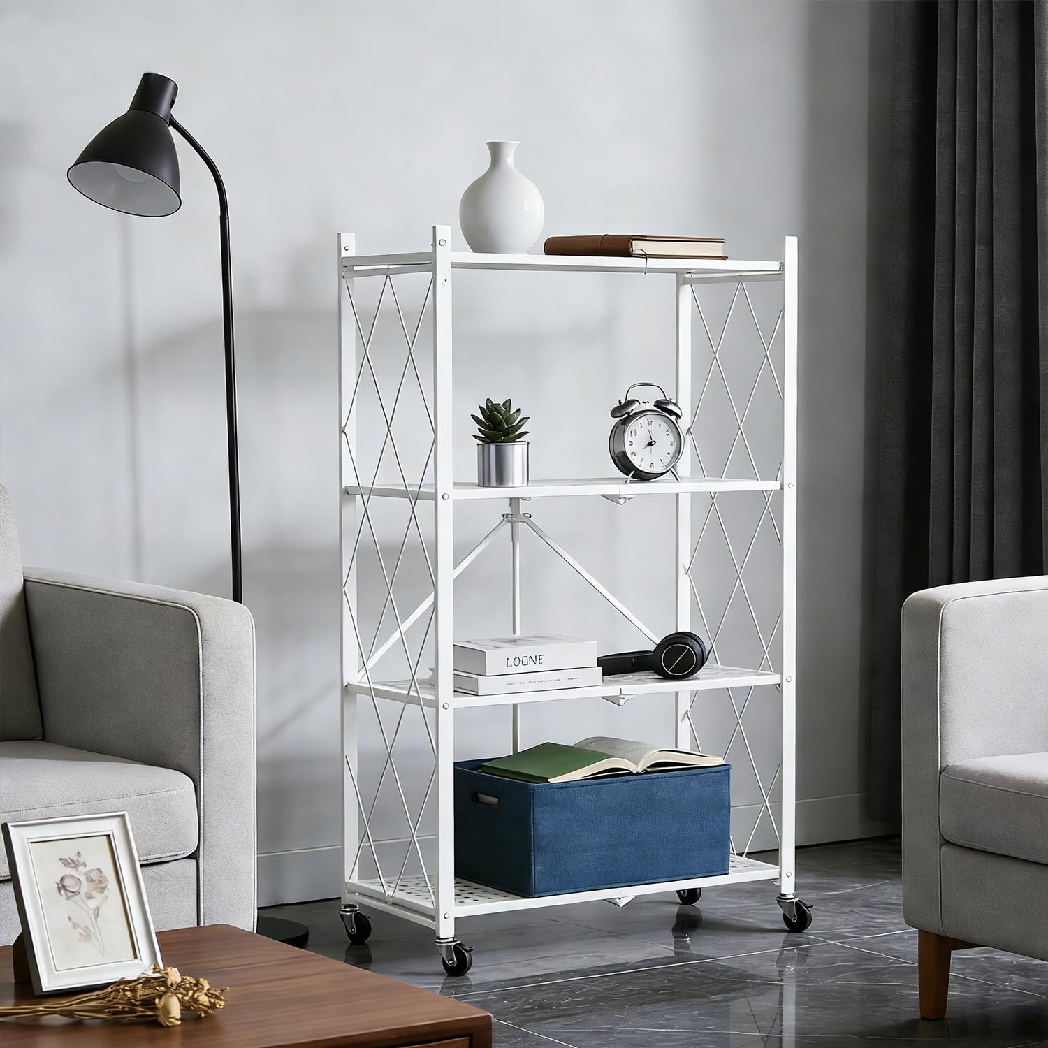 4 Etagen Klappregal mit Rollen, Metallregal,Weiß