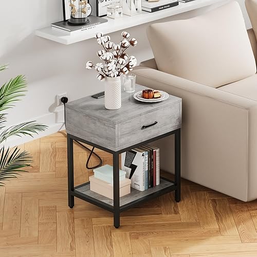 Miniatura 2 de GAOMON Mesita de noche gris con estación de carga, mesa auxiliar con cajón de almacenamiento y estante, mesita de noche moderna para dormitorio,