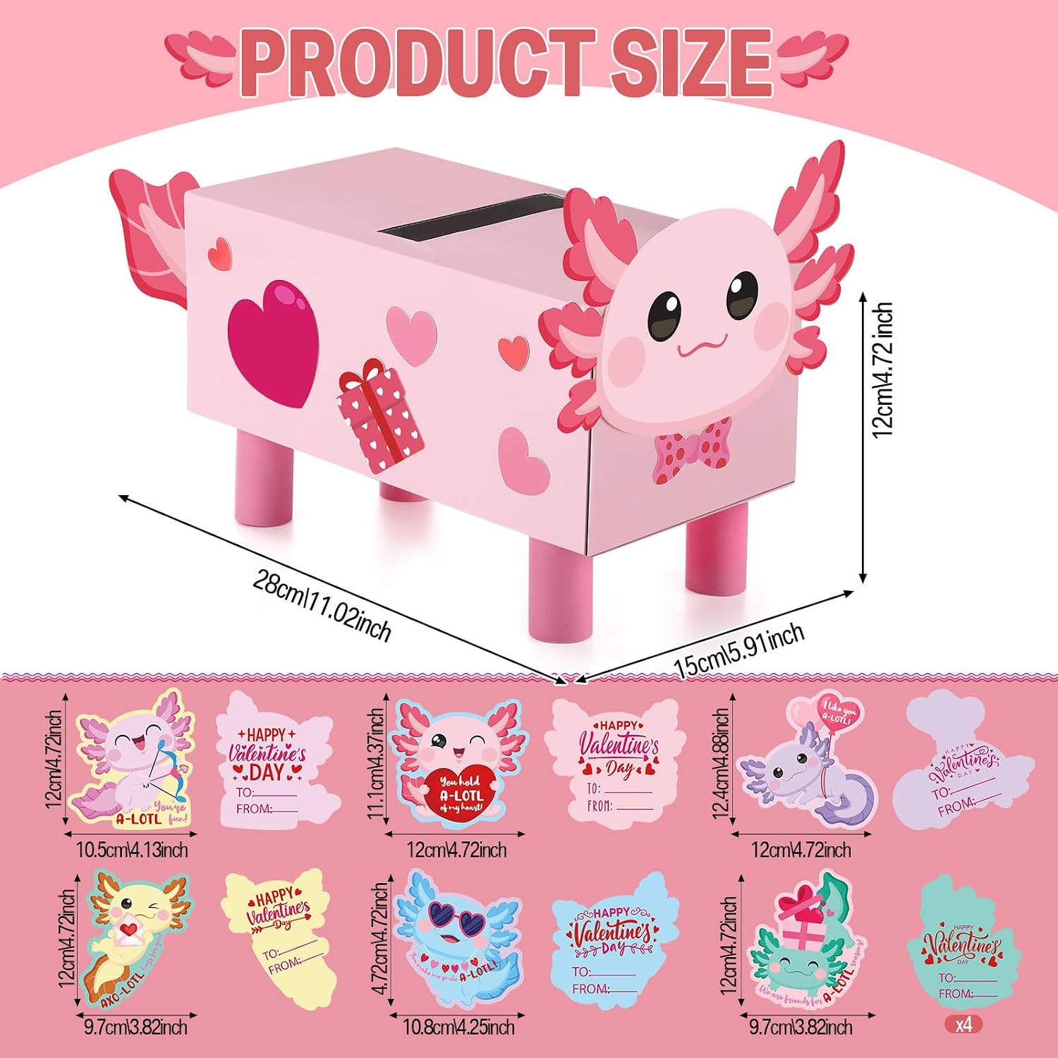 Funrous Valentine Box Kit Valentine's Day DIY Mailbox Card Box with 24 Greeting Cards and Stickers for Valentines Day Gifts Exchange Party Activity Favor Sets Mail Boxes Craft (Axolotl)