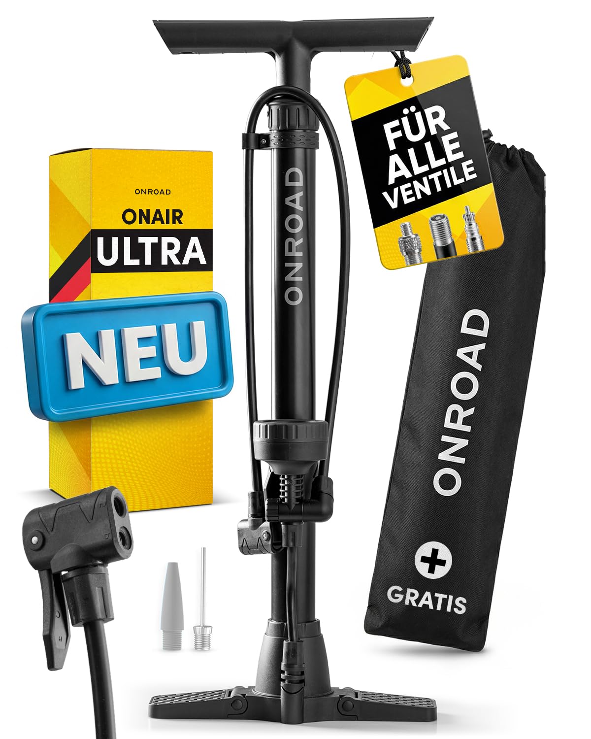 Fahrradpumpe alle Ventile (Presta/SV, AV, DV) – Luftpumpe Fahrrad ON‑AIR mit großem Manometer, Adaptern & Ballnadel, Leistungsstarke & hochwertige Standpumpe – Pumpe für Unterwegs & Zuhause
