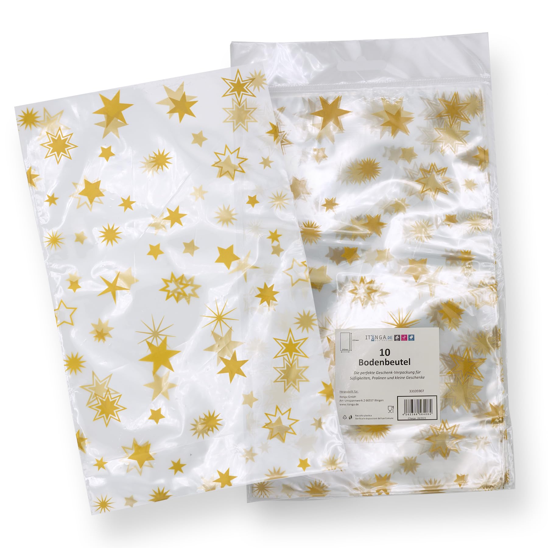 100 Bodenbeutel blau Sterne Gold 145 x 235 mm PP Beutel Weihnachten