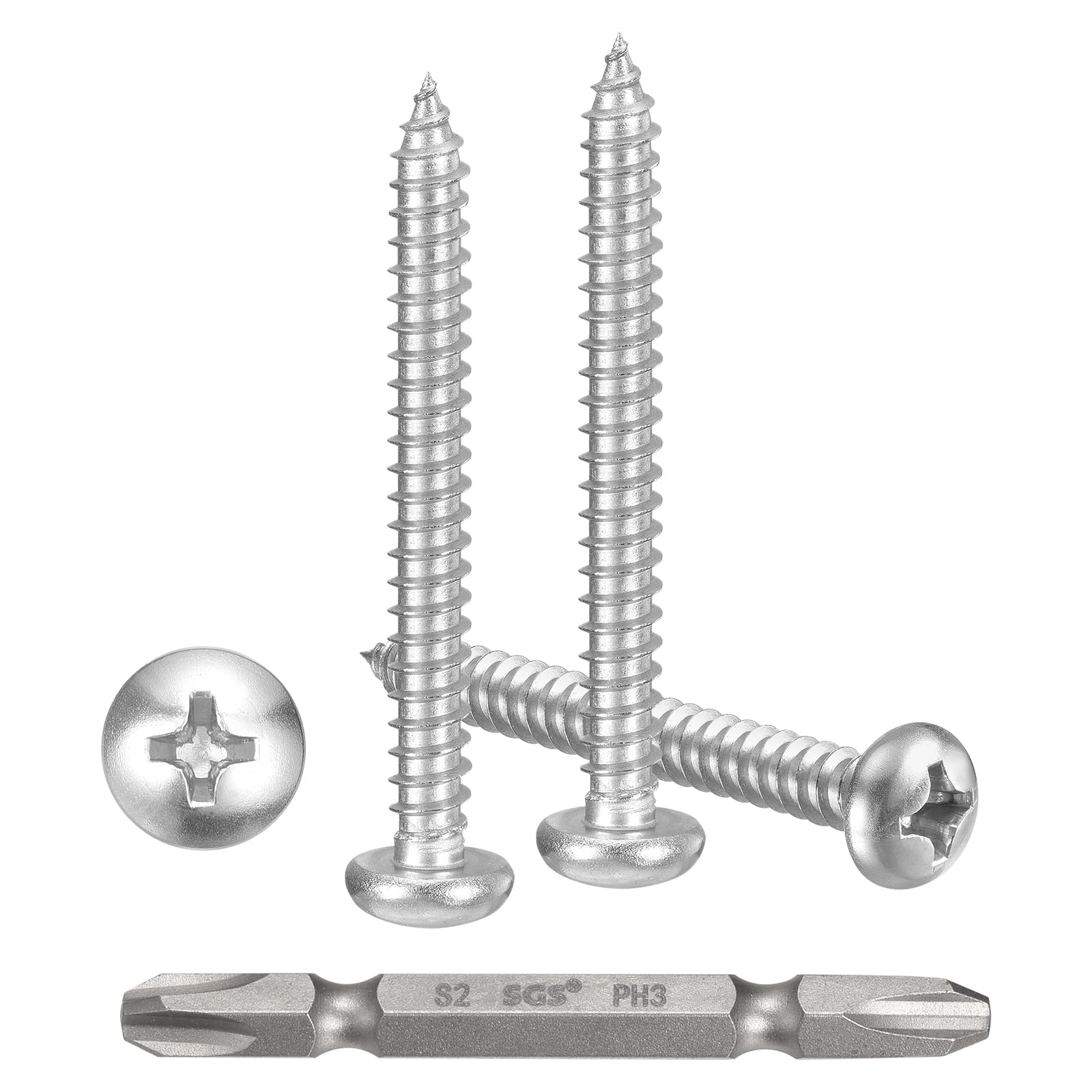 METALLIXITY Phillips Pan Head Self Tapping Screws(#14x2-1/2") 25Pcs, 304 Stainless Steel Self Drilling Screw for Metal Wood Plastic with Bit, for Cabinet Wall Shutter Plate Furniture, Silver