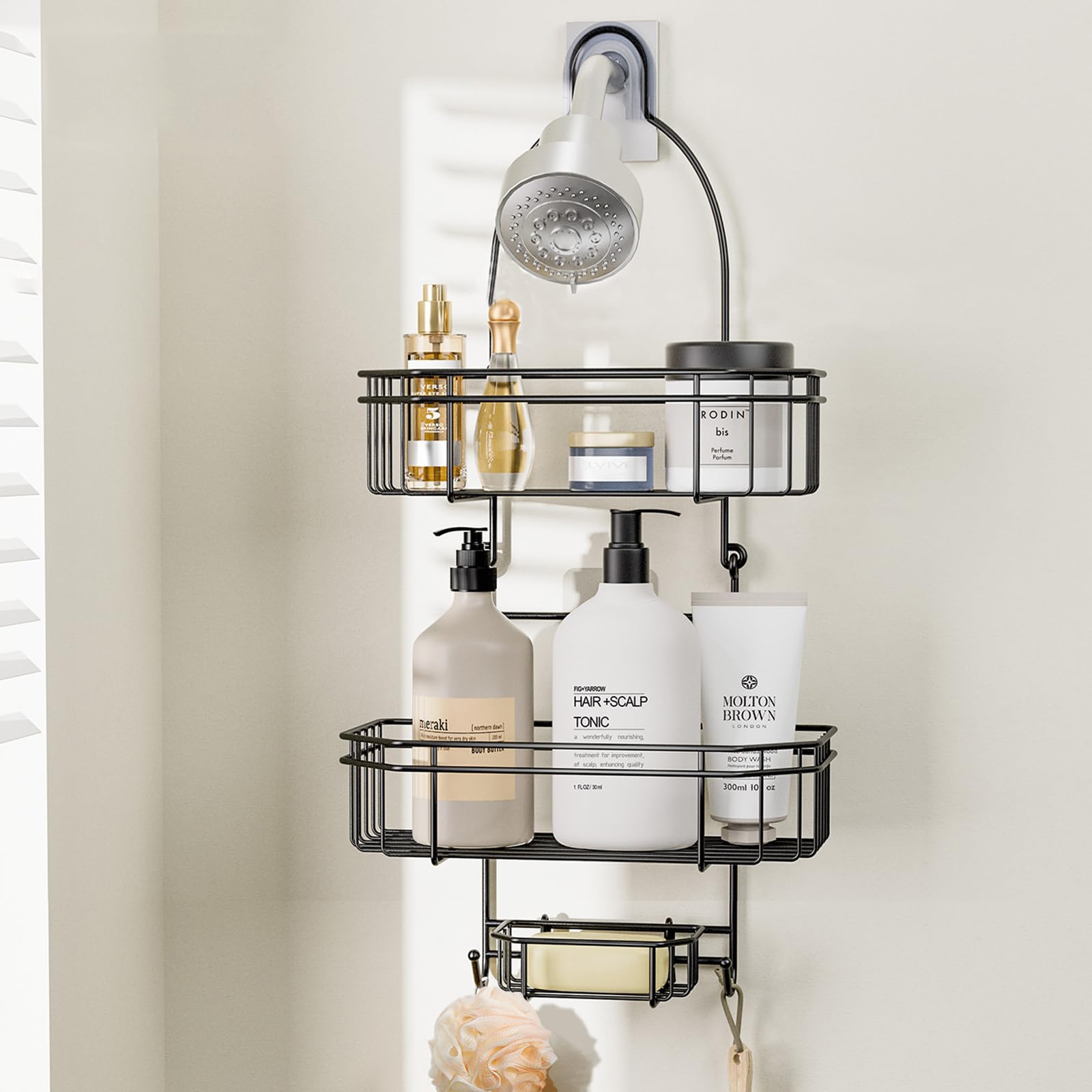 RAKSONIC Shower Caddy Hanging Shower Caddy Over Shower Head Hanging Bathroom Shelves with Hooks and Soap Holder shower