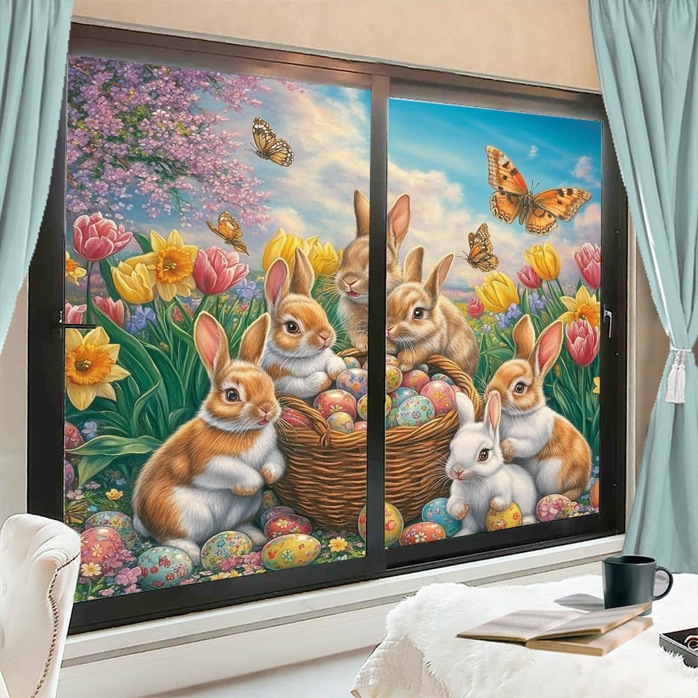 Vintage Rabbit Frosted Stained Glass Window Film Colorful Garden Flower Butterfly Animal Privacy Window Film Self-Adhesive Glass Sticker for Home Office Decorative 35.4Wx55.1L inch x 2pcs
