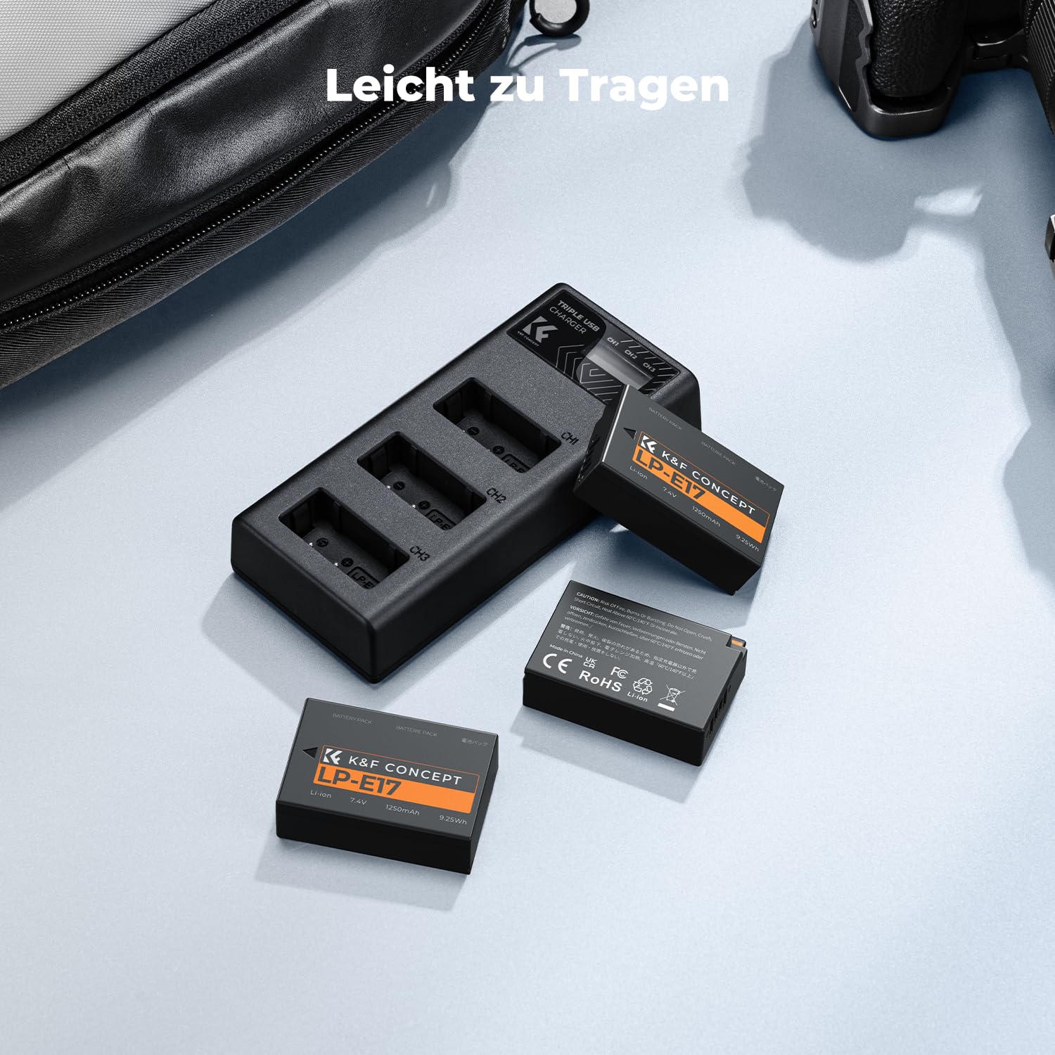 K&F CONCEPT 3er-Pack LP-E17 1250mAh Akku und Verbessertes 3-Schacht LCD Ladegerät,Kompatibel mit Canon EOS RP, EOS R10, EOS R8, EOS R50, Rebel T8i,T7i,T6i,SL2, SL3, EOS 77D, EOS 750D Powershot V1
