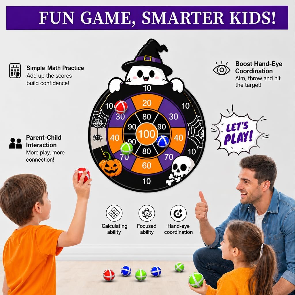 Halloween Party Games for Kids, Halloween Dart Board Witch Hat Ghost Theme Game for Indoor Outdoor Sports Party Favors Supplies with 12 Sticky Balls