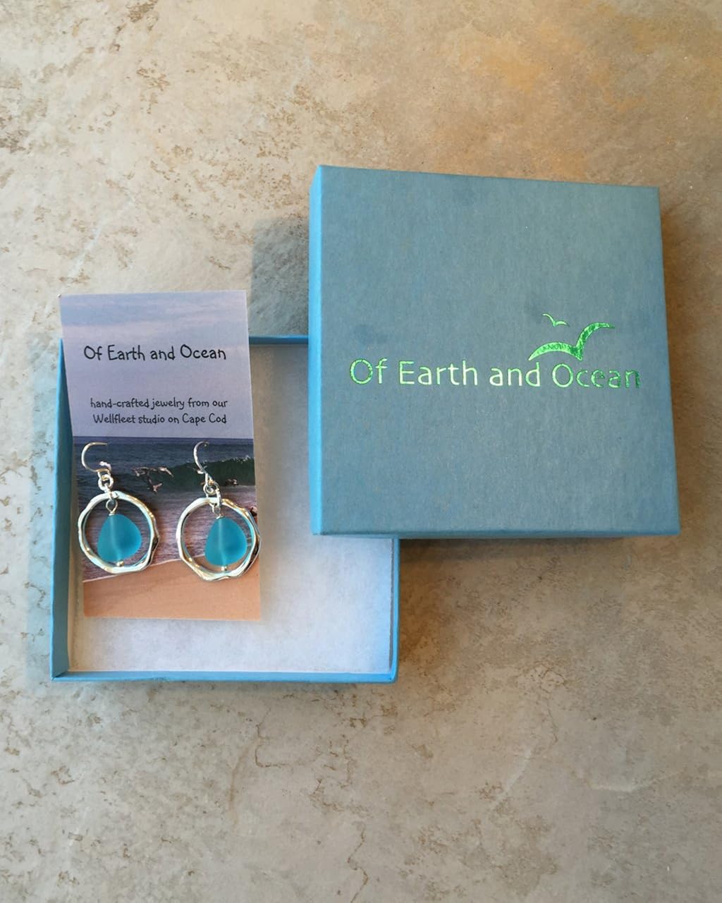 Miniatura 5 de Pendientes de cristal de mar de las olas del océano, aro chapado en plata hecho a mano con cristal turquesa, Vidrio