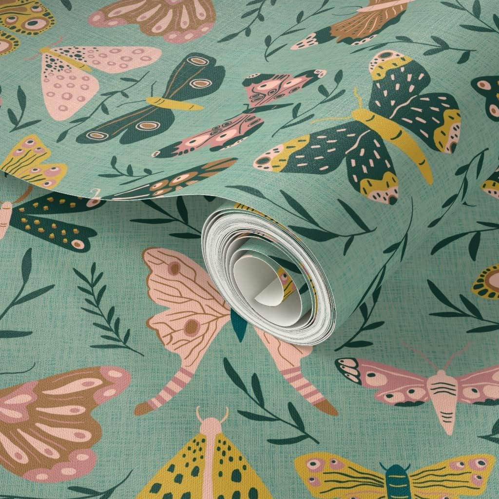 Peel & Stick Wallpaper 3ft x 2ft - Moths Teal Butterfly Modern Gold Mint Moth Mod Custom Removable Wallpaper by Spoonflower