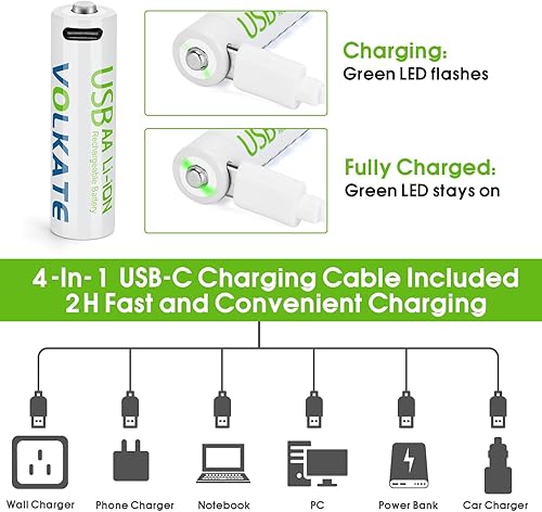 Miniatura 4 de Baterías de litio de 4000 mWh, recargables AA, paquete de 8 baterías de iones de litio de 1.5 V de alta capacidad USB de doble tamaño A con cable de