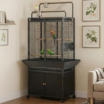 Large Bird Cage, 71" h Rolling Birdcage with Play Top & Storage Cabinet, Wood Parakeet Cage for Macaw Parakeet Parrot Cockatiel Budgie Dark Walnut