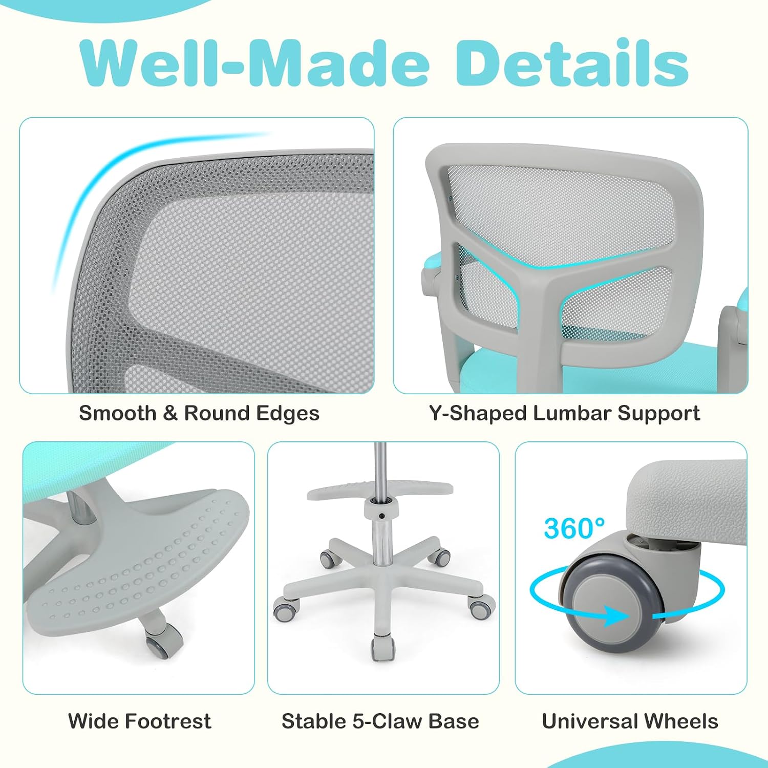 HONEY JOY Kids Desk Chair, Children Study Chair with Adjustable Height/Armrest/Footrest, Swivel Rolling Mesh Task Student Chair, Kids Computer Chair for Teens Girls Boys, Home, School, Office (Green)