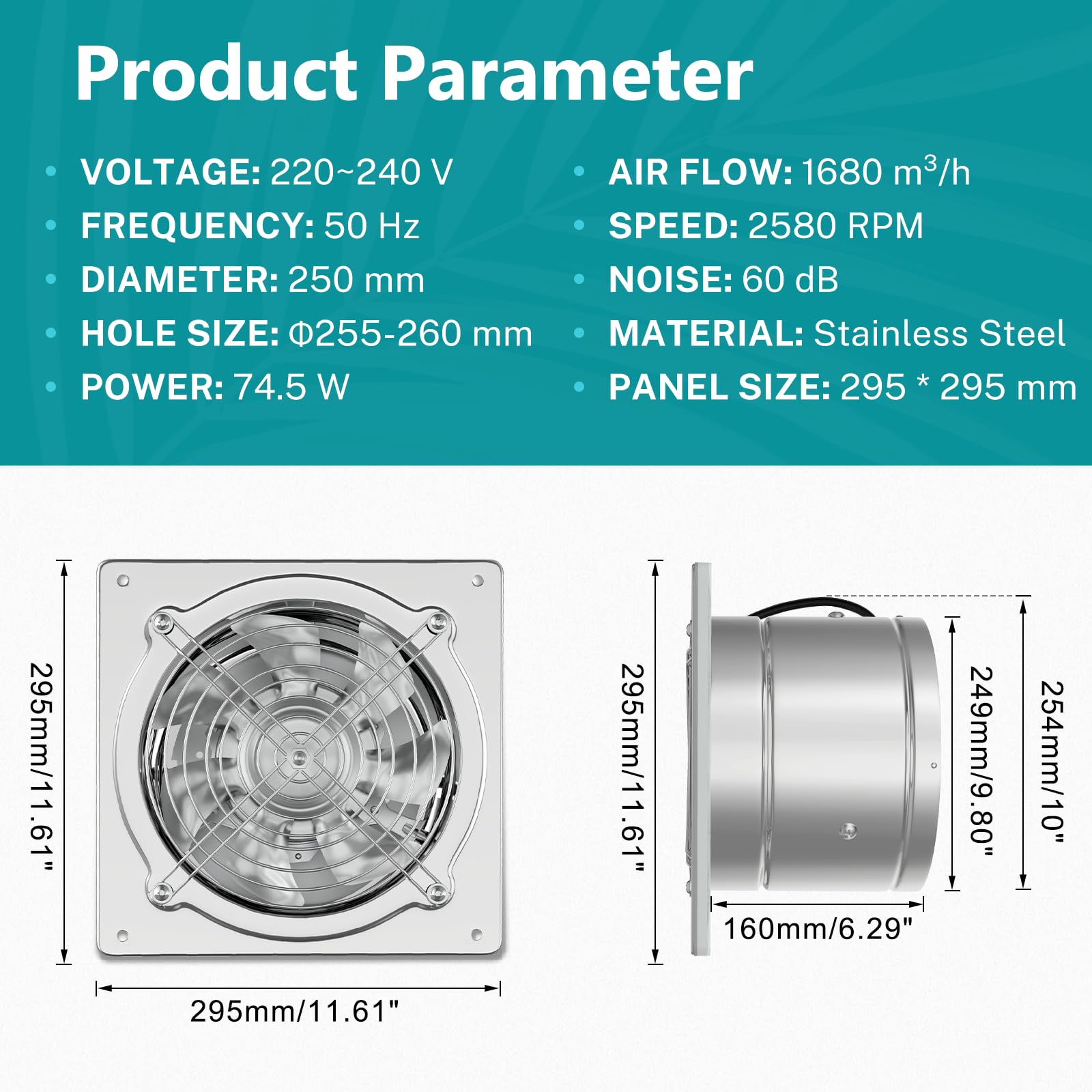 HG Power Ventola di aspirazione dell'aria da 150 mm, in metallo, con valvola di ritegno, potenza 525 m³/h, con presa europea, per cucina, bagno, garage, seminterrato, colore: argento
