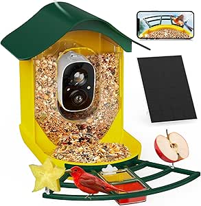 PeckCam® Smart Bird Feeder with Camera 2K HD Auto Detect & Notify, AI Identify 10000+ Birds Camera with Solar Panel 5 Perch Attachments Wireless Outdoor Birdwatching Gift for Birds Lover, Yellow asin的图片
