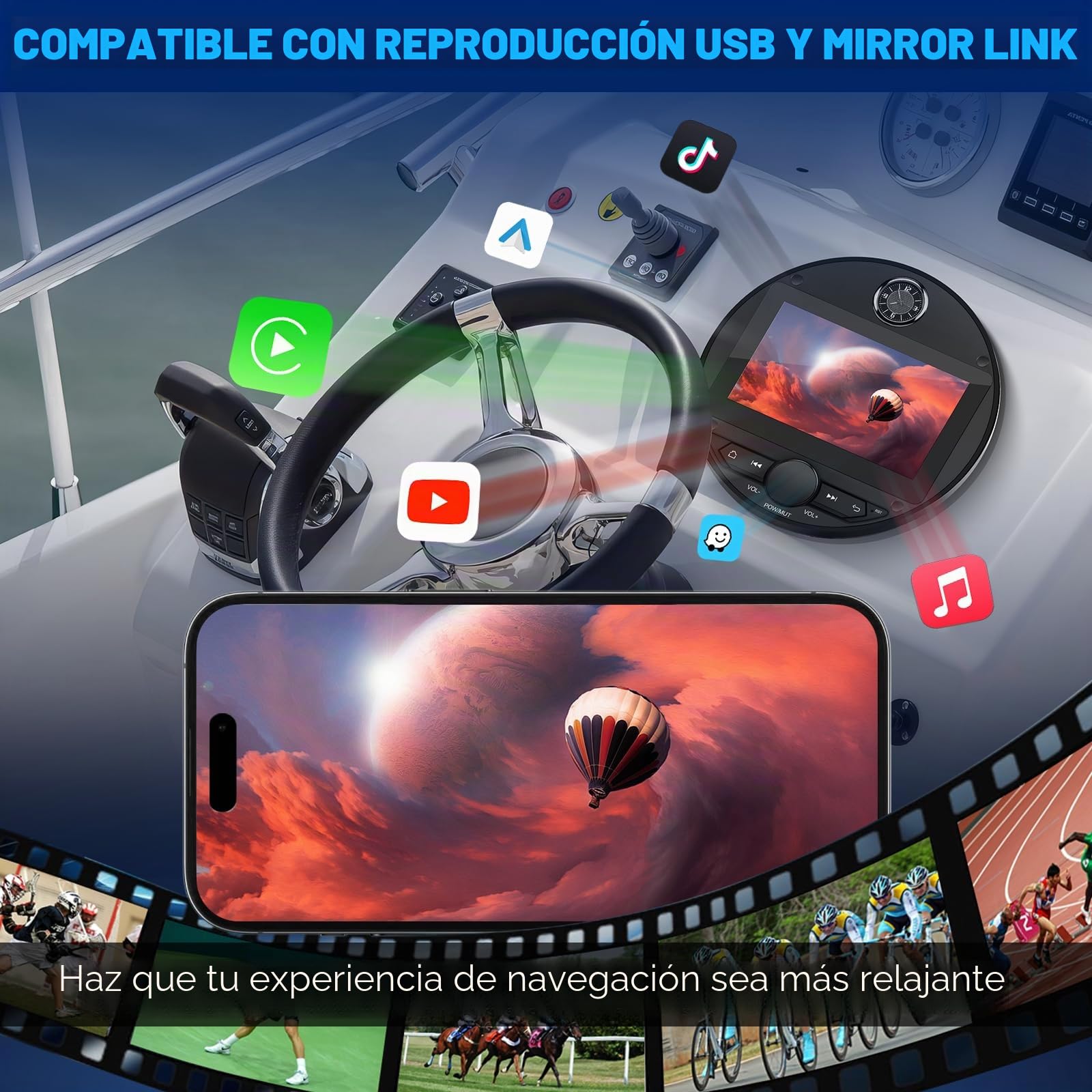 Reproductor Estéreo Marino Mejorado Marine Radio con CarPlay y Android inalámbrico para Uso Marino, Barco, Coche Conexión BT5.0, Reproducción de Películas